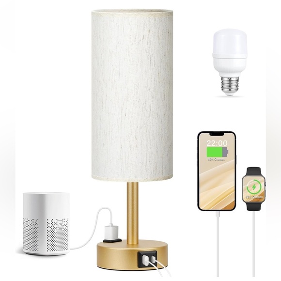 None Other - Gold 3 Way Dimmable Nightstand Lamp with Charging Ports